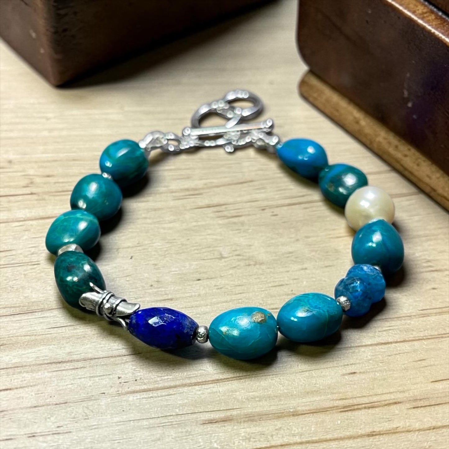 Meander - Deep Green Chrysocolla, Lapis, Pearl, and Artisan Sterling Silver Adjustable Bracelet