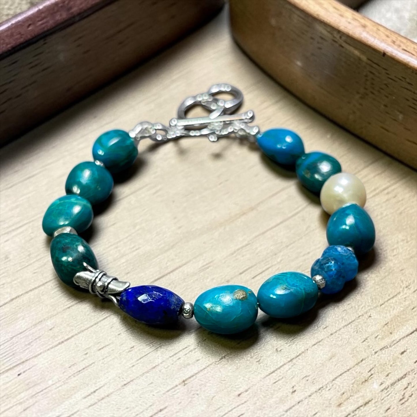 Meander - Deep Green Chrysocolla, Lapis, Pearl, and Artisan Sterling Silver Adjustable Bracelet
