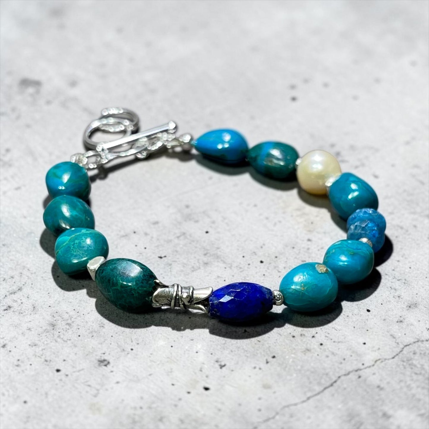 Meander - Deep Green Chrysocolla, Lapis, Pearl, and Artisan Sterling Silver Adjustable Bracelet