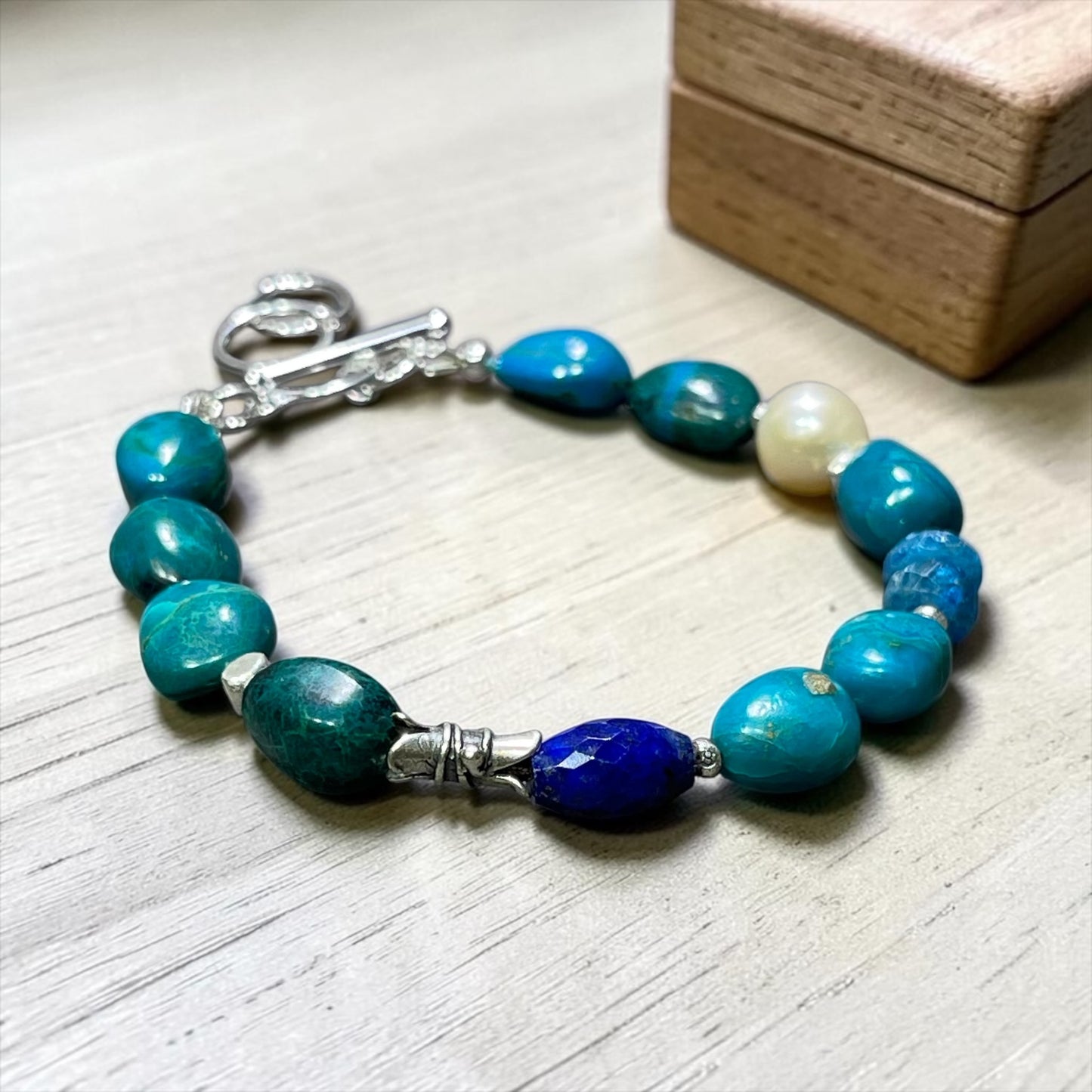 Meander - Deep Green Chrysocolla, Lapis, Pearl, and Artisan Sterling Silver Adjustable Bracelet