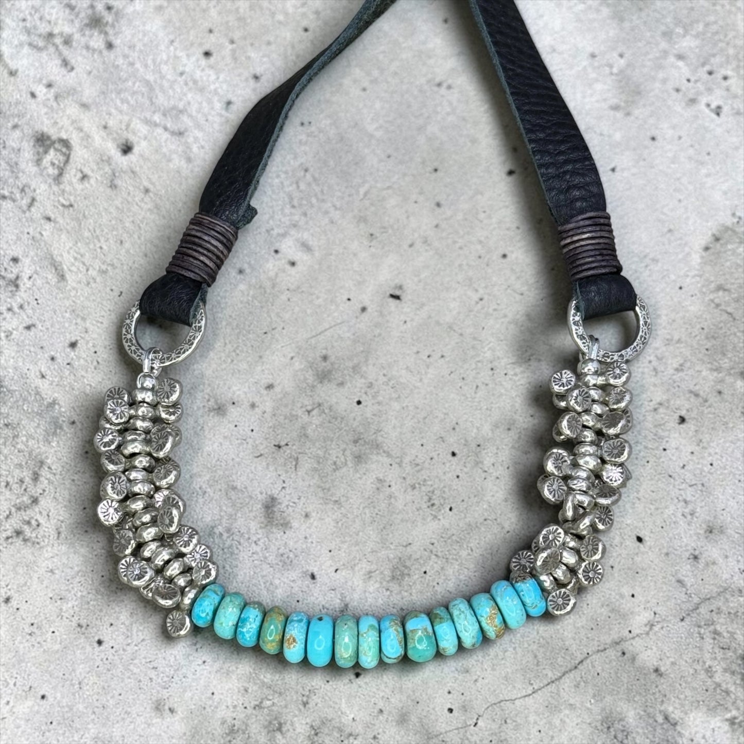 Drive - Kingman Turquoise and Vintage Handmade Pure Silver Beads - Adjustable Leather Necklace