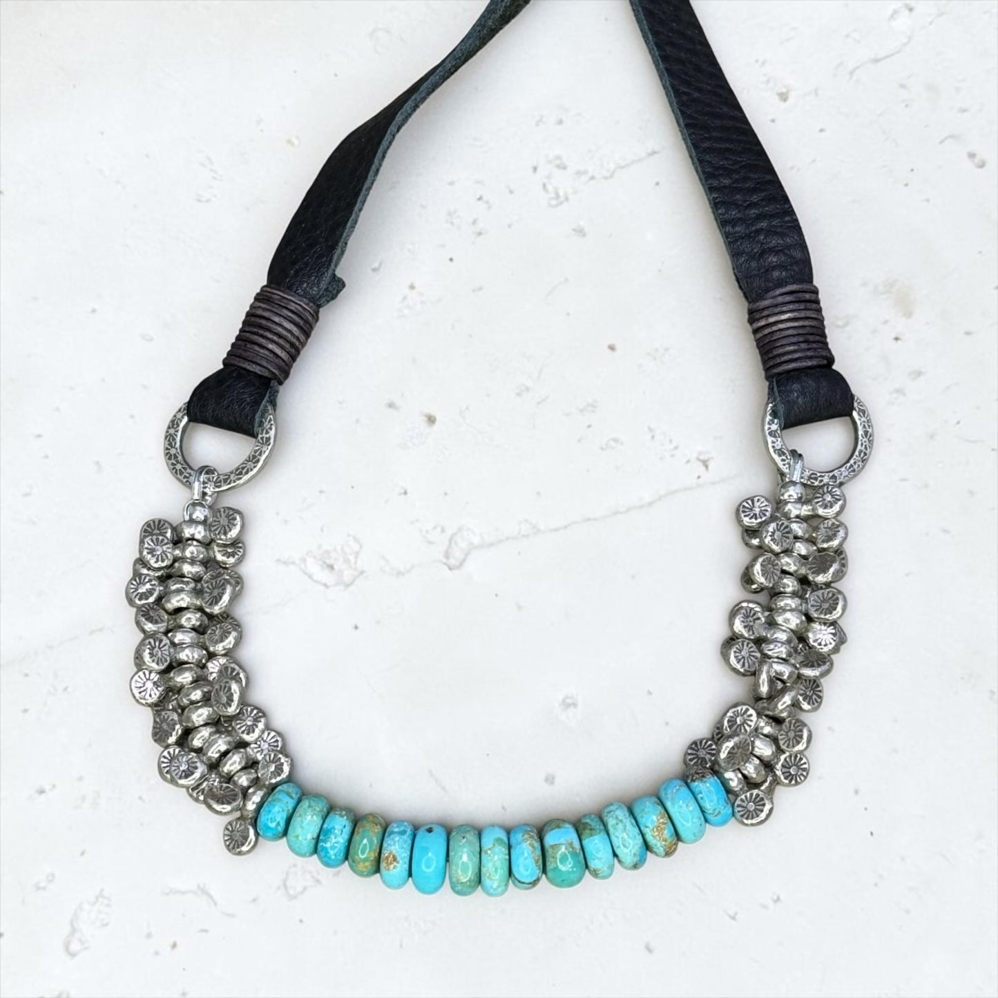Drive - Kingman Turquoise and Vintage Handmade Pure Silver Beads - Adjustable Leather Necklace