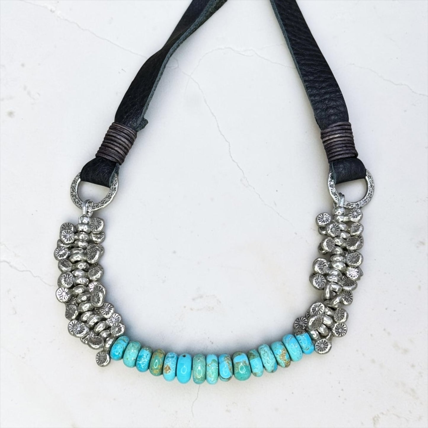 Drive - Kingman Turquoise and Vintage Handmade Pure Silver Beads - Adjustable Leather Necklace