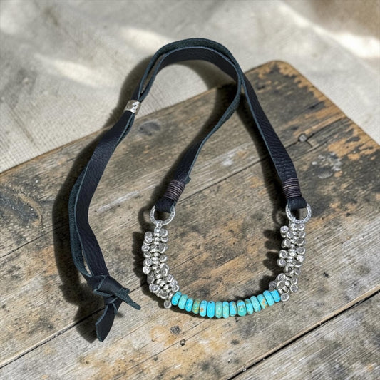 Drive - Kingman Turquoise and Vintage Handmade Pure Silver Beads - Adjustable Leather Necklace