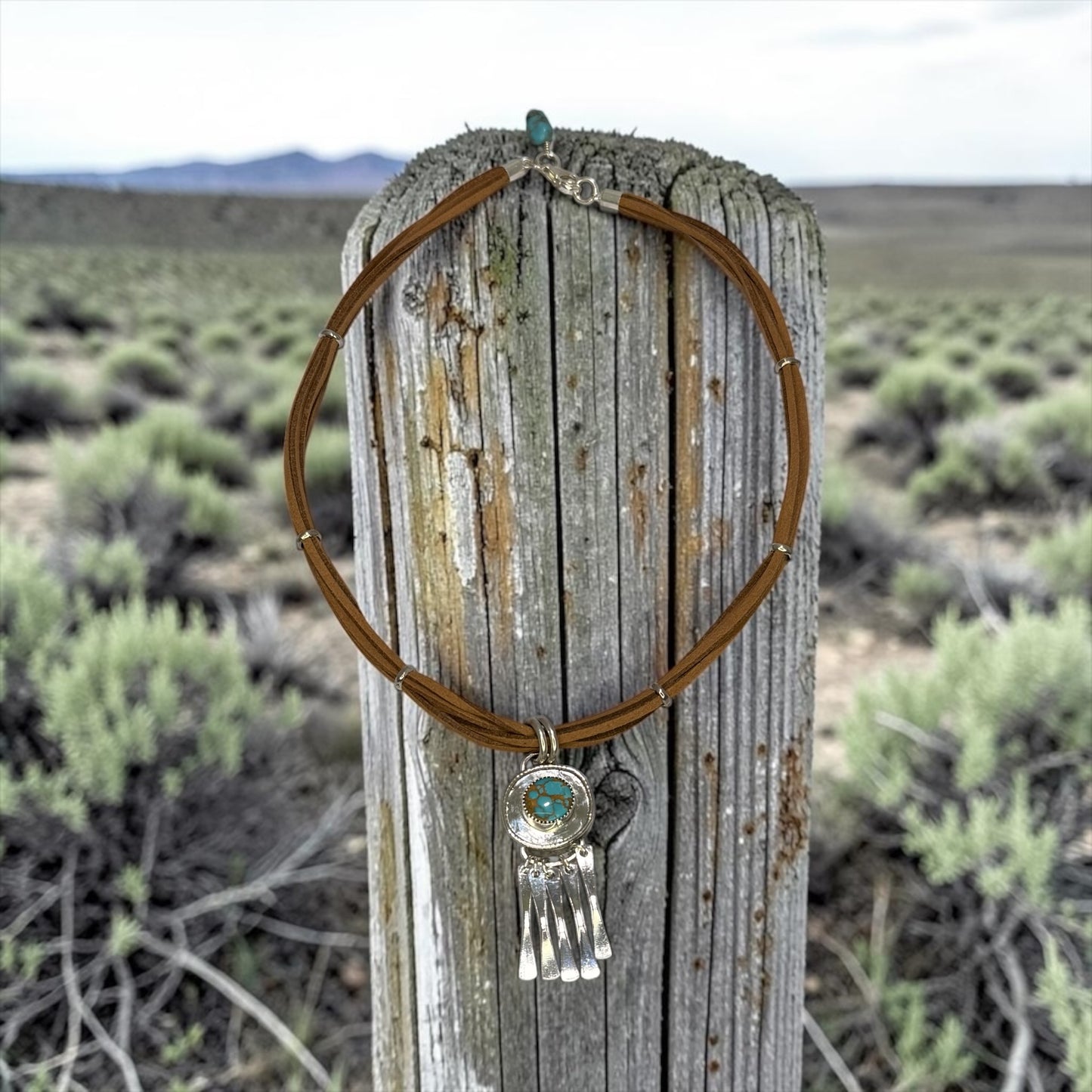 Fringe Benefits - Handmade, One of A Kind Artisan Turquoise + Sterling Silver - Adjustable Leather Necklace