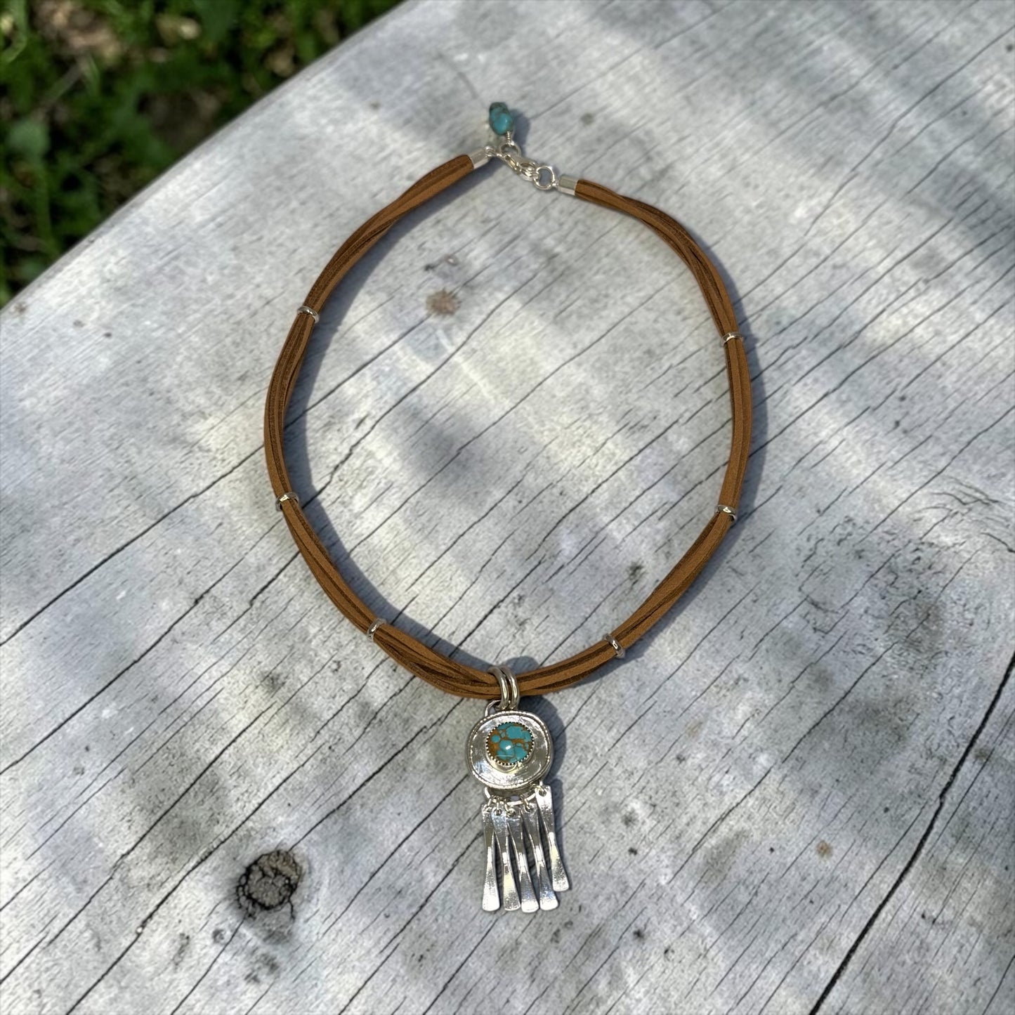 Fringe Benefits - Handmade, One of A Kind Artisan Turquoise + Sterling Silver - Adjustable Leather Necklace