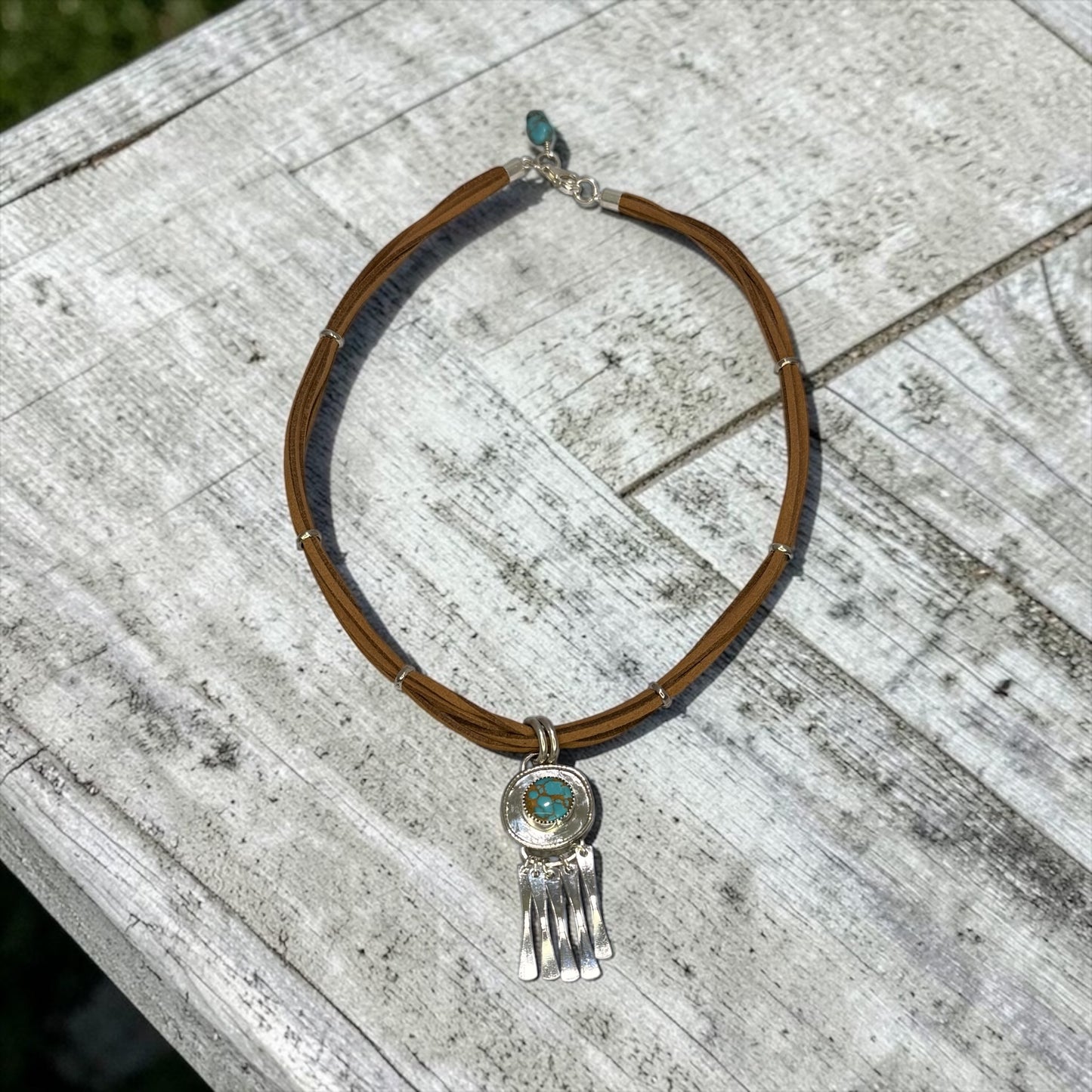 Fringe Benefits - Handmade, One of A Kind Artisan Turquoise + Sterling Silver - Adjustable Leather Necklace