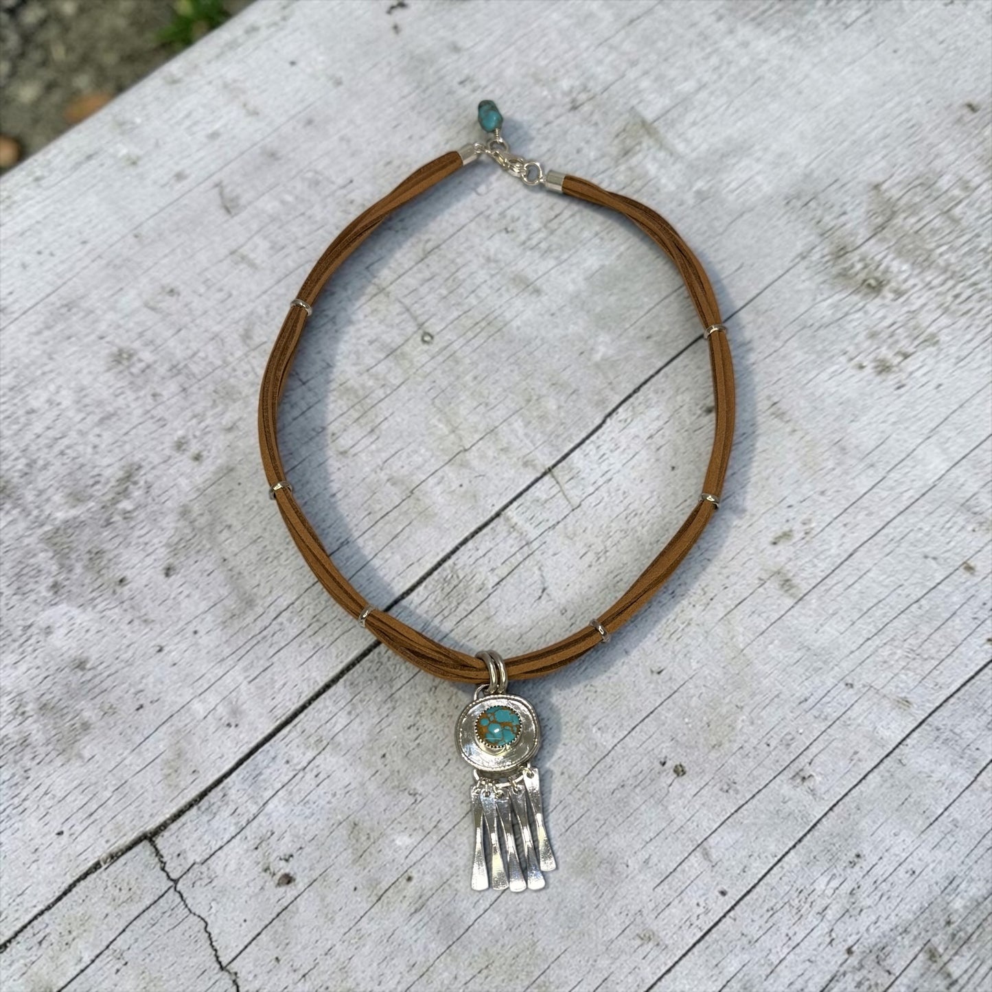 Fringe Benefits - Handmade, One of A Kind Artisan Turquoise + Sterling Silver - Adjustable Leather Necklace