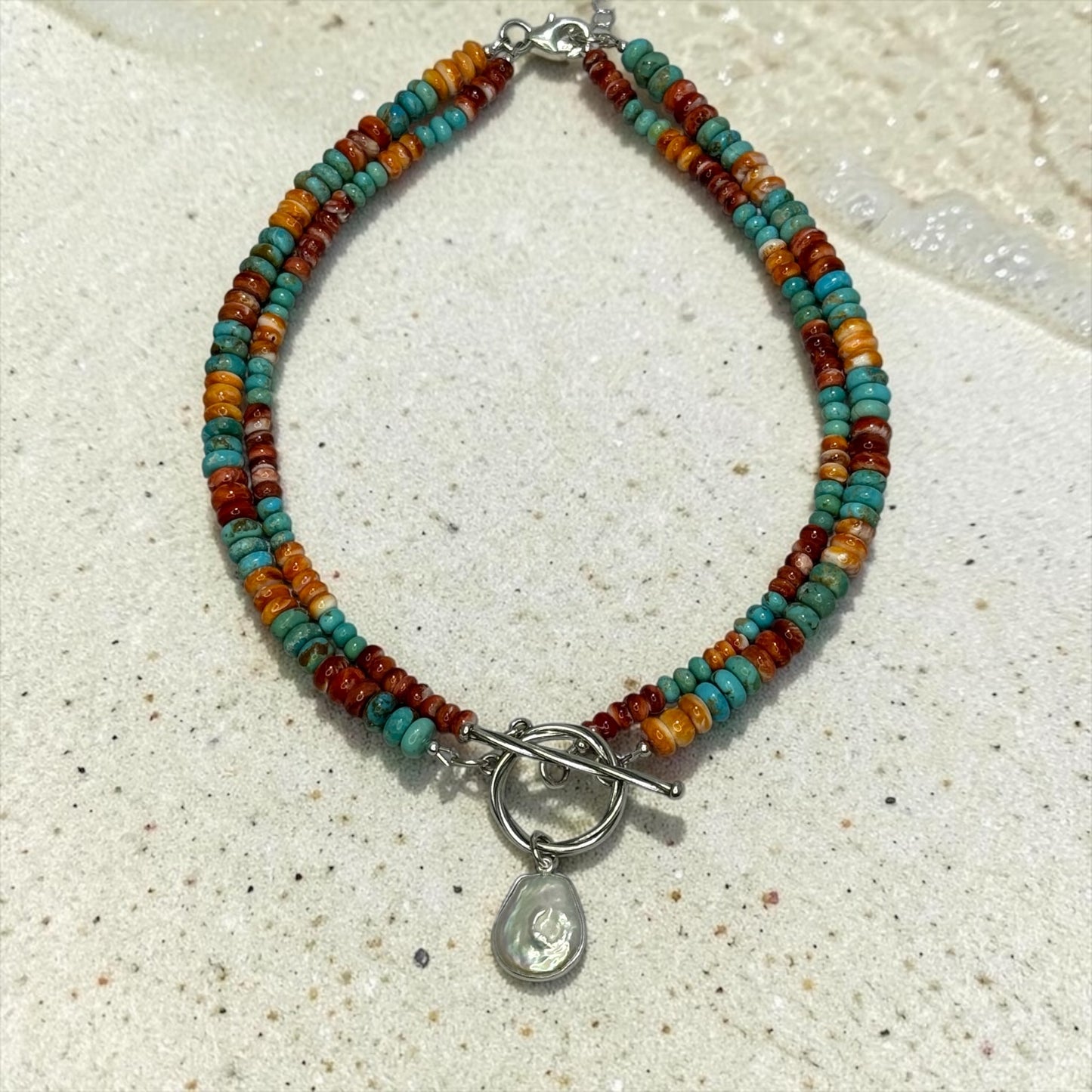 Adrift - Red and Orange Spiny Oyster + Kingman Turquoise Necklace with Pearl Pendant