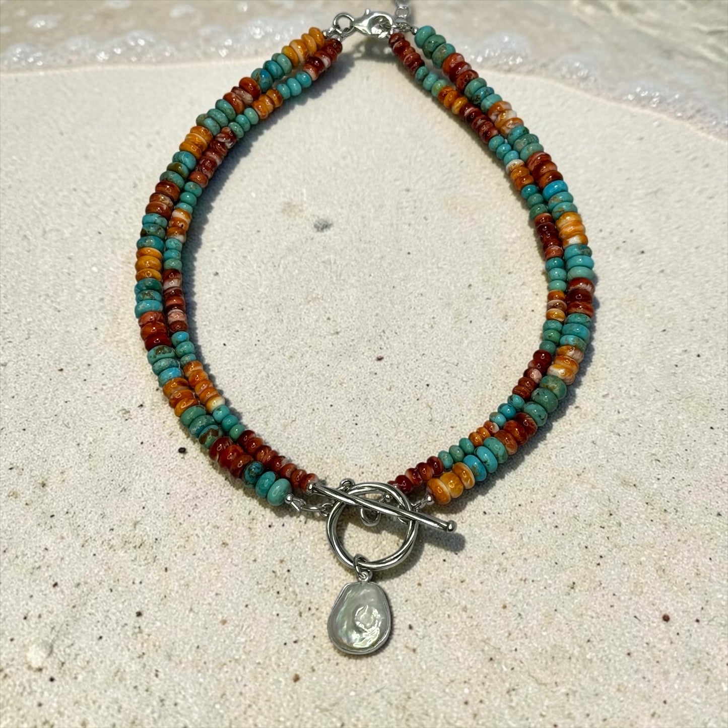 Adrift - Red and Orange Spiny Oyster + Kingman Turquoise Necklace with Pearl Pendant