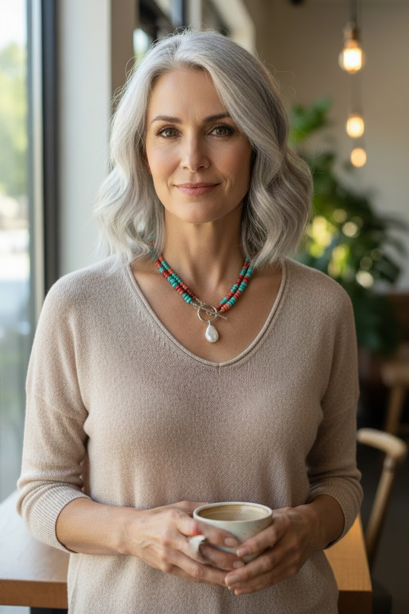Adrift - Red and Orange Spiny Oyster + Kingman Turquoise Necklace with Pearl Pendant