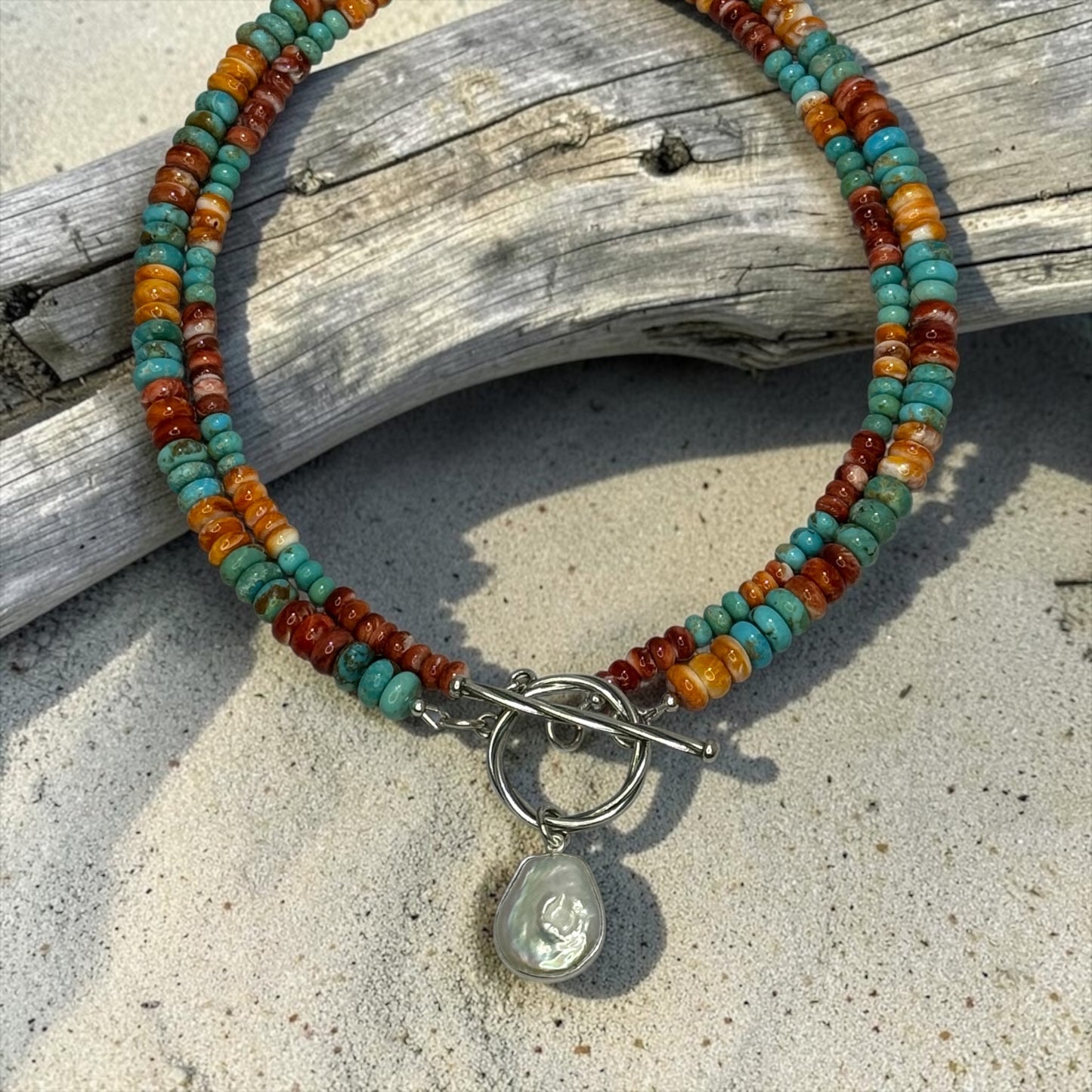 Adrift - Red and Orange Spiny Oyster + Kingman Turquoise Necklace with Pearl Pendant
