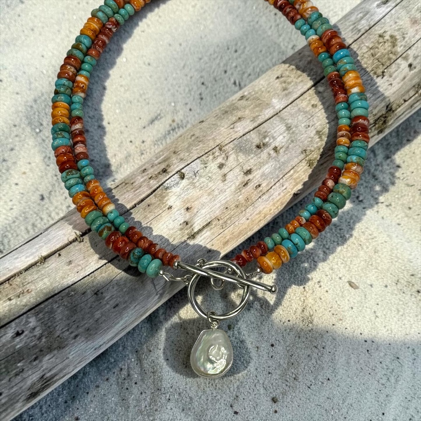Adrift - Red and Orange Spiny Oyster + Kingman Turquoise Necklace with Pearl Pendant