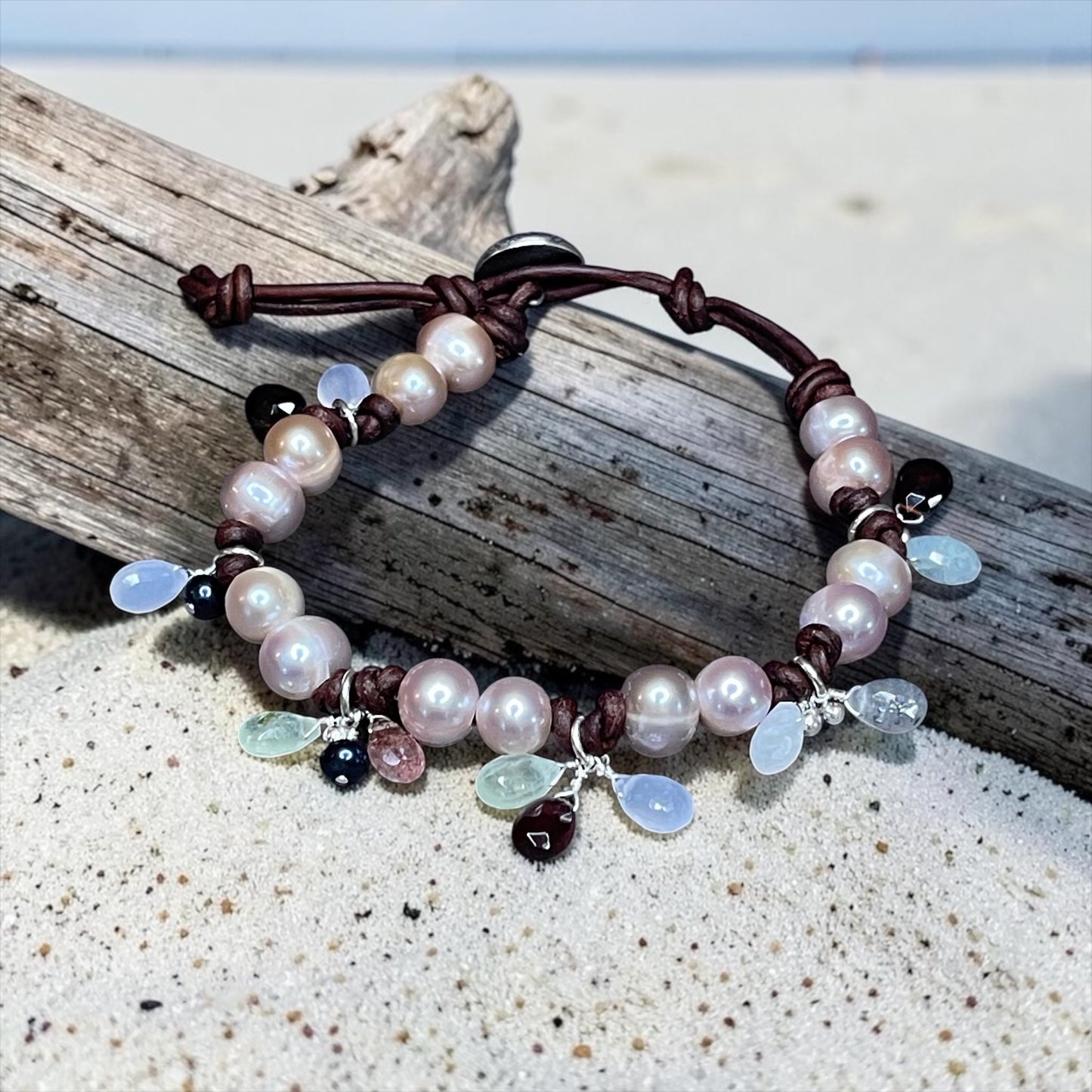 Dawn - AAA Pink Pearls w/Hand Wrapped Sterling Mixed Gemstone Charms Leather Bracelet