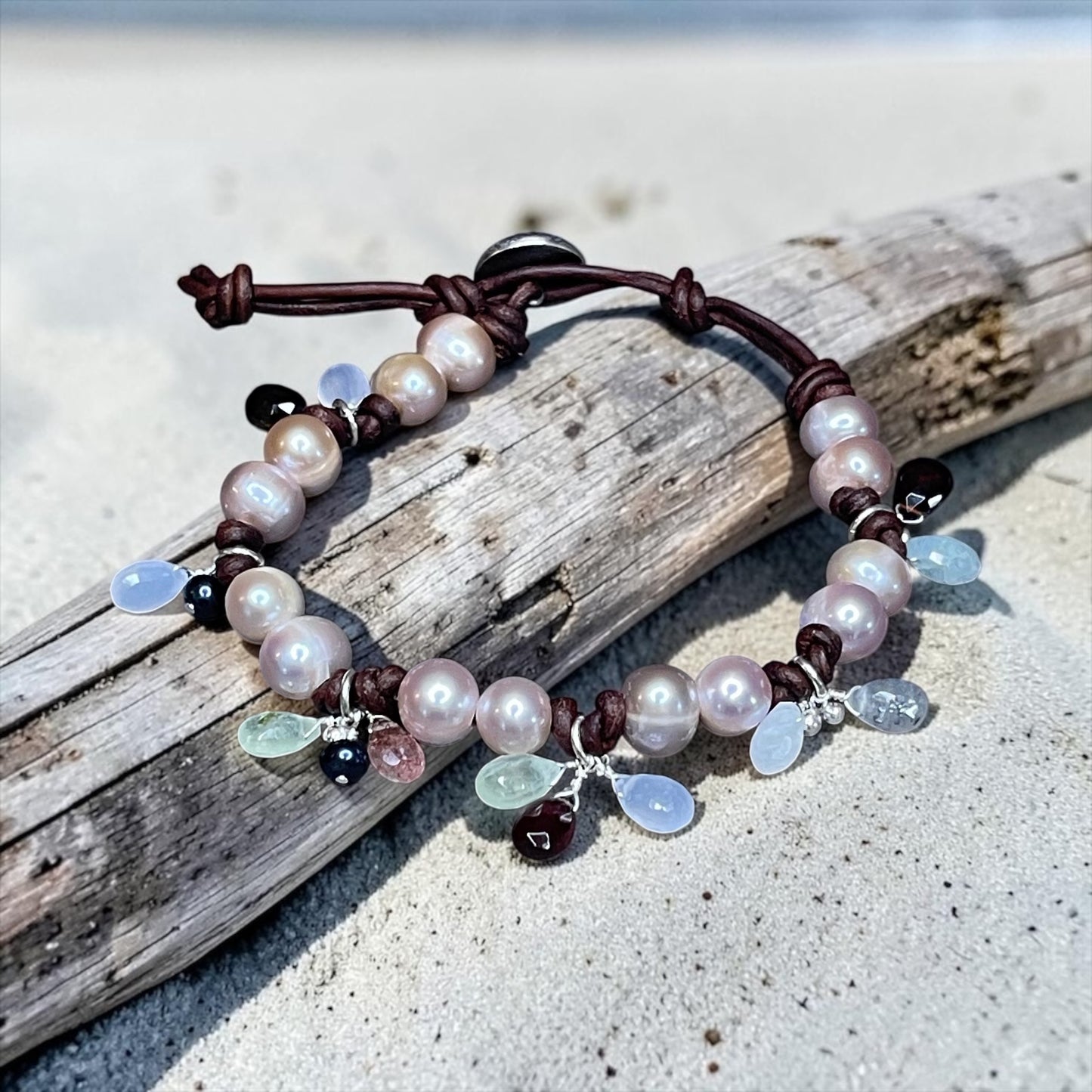 Dawn - AAA Pink Pearls w/Hand Wrapped Sterling Mixed Gemstone Charms Leather Bracelet