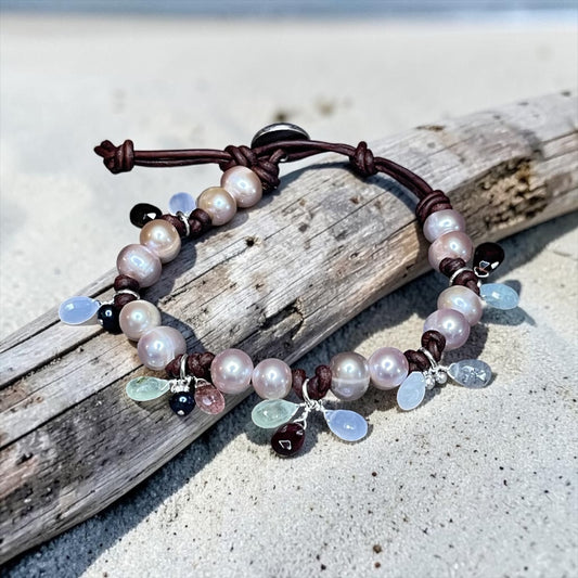 Dawn - AAA Pink Pearls w/Hand Wrapped Sterling Mixed Gemstone Charms Leather Bracelet