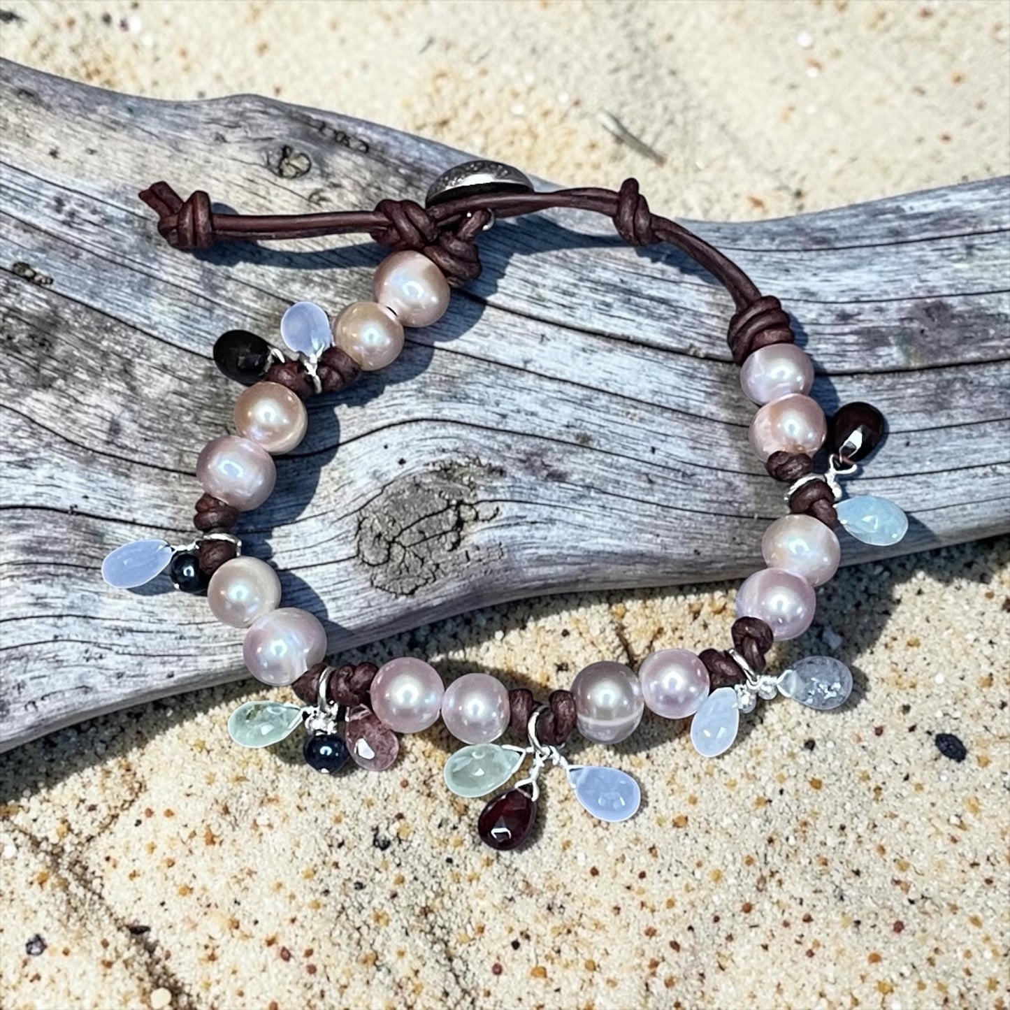 Dawn - AAA Pink Pearls w/Hand Wrapped Sterling Mixed Gemstone Charms Leather Bracelet