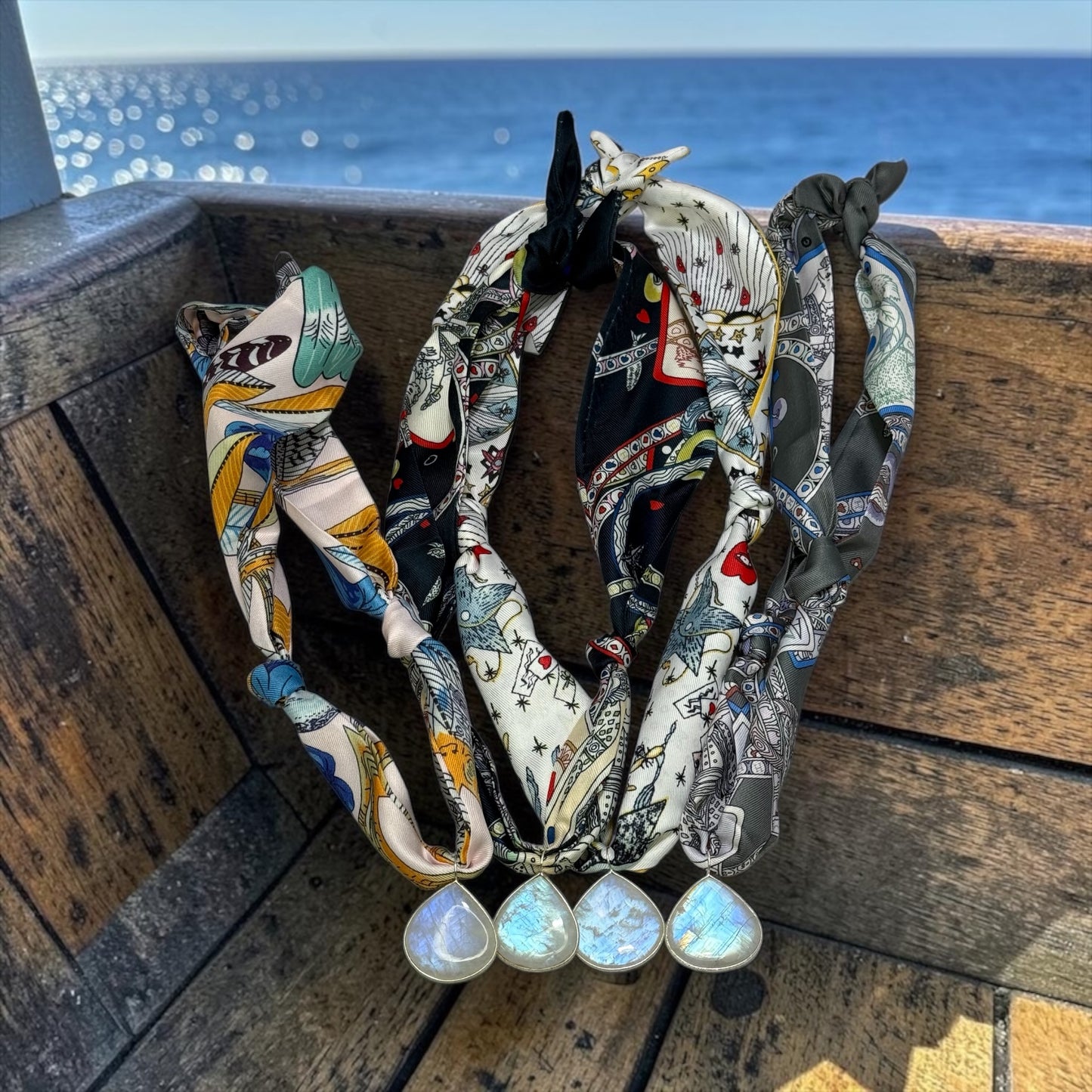 Silk Road - Large, Hand-cut Flashy Rainbow Moonstone Pendant on Adjustable Silk Scarf - Choose From 4 Colors!