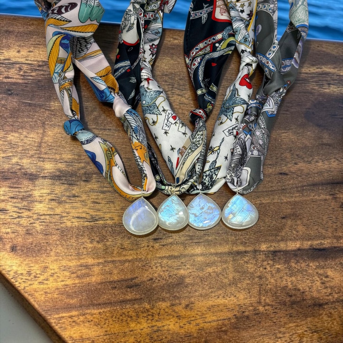 Silk Road - Large, Hand-cut Flashy Rainbow Moonstone Pendant on Adjustable Silk Scarf - Choose From 4 Colors!