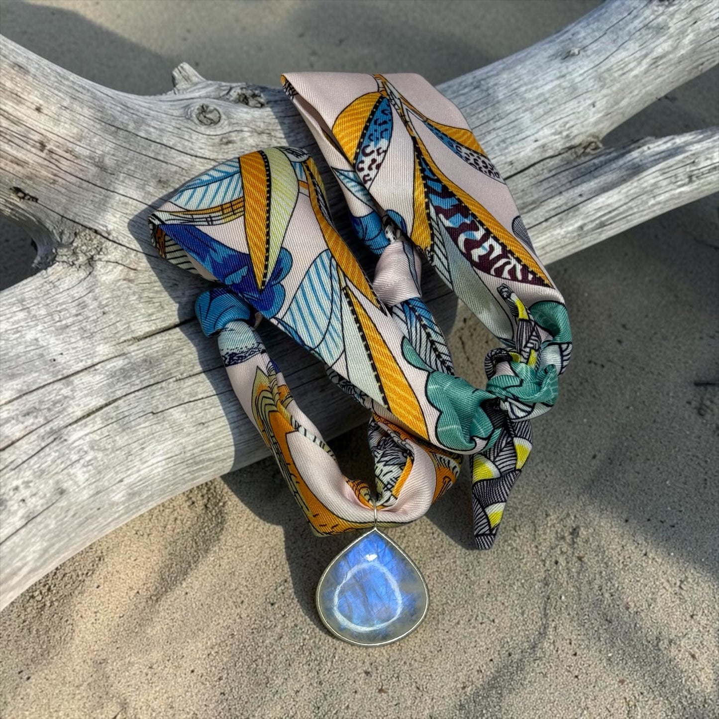 Silk Road - Large, Hand-cut Flashy Rainbow Moonstone Pendant on Adjustable Silk Scarf - Choose From 4 Colors!