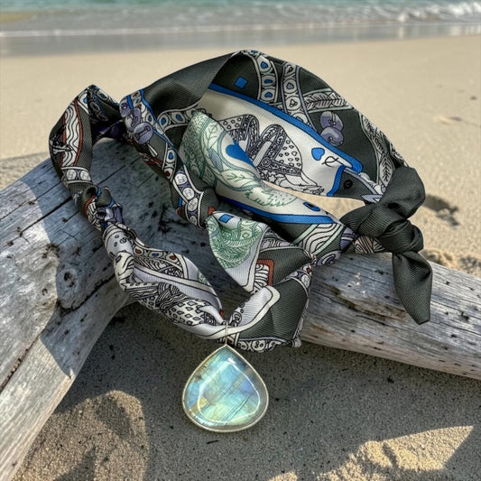 Silk Road - Large, Hand-cut Flashy Rainbow Moonstone Pendant on Adjustable Silk Scarf - Choose From 4 Colors!