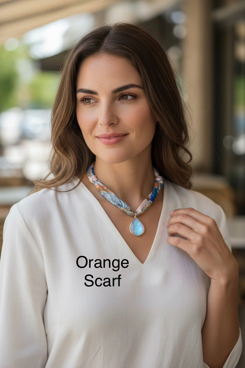 Silk Road - Large, Hand-cut Flashy Rainbow Moonstone Pendant on Adjustable Silk Scarf - Choose From 4 Colors!