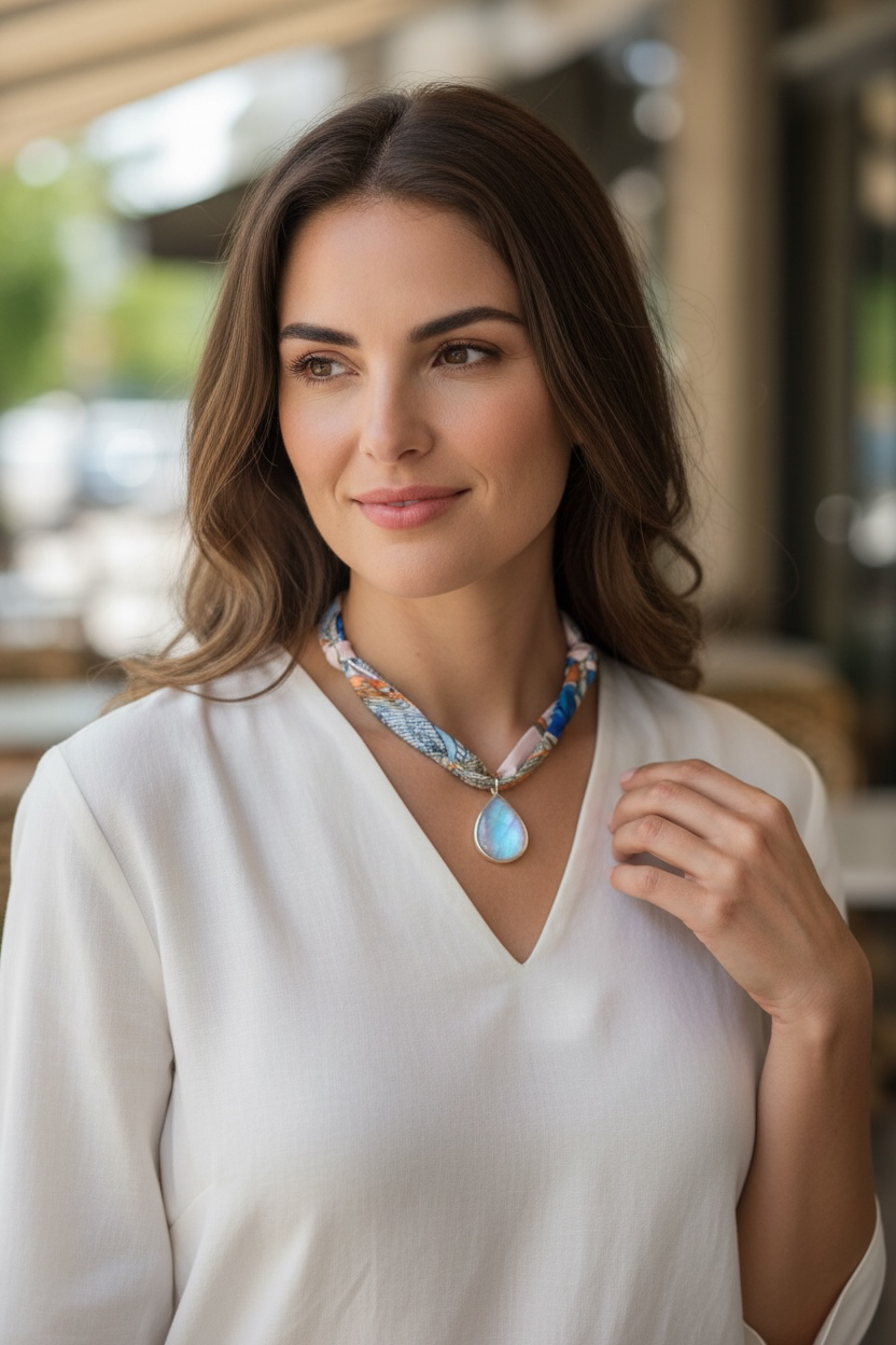 Silk Road - Large, Hand-cut Flashy Rainbow Moonstone Pendant on Adjustable Silk Scarf - Choose From 4 Colors!