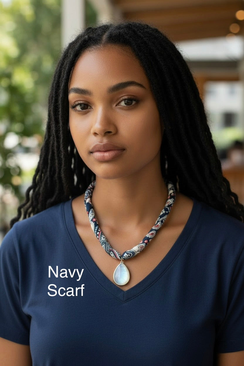 Silk Road - Large, Hand-cut Flashy Rainbow Moonstone Pendant on Adjustable Silk Scarf - Choose From 4 Colors!