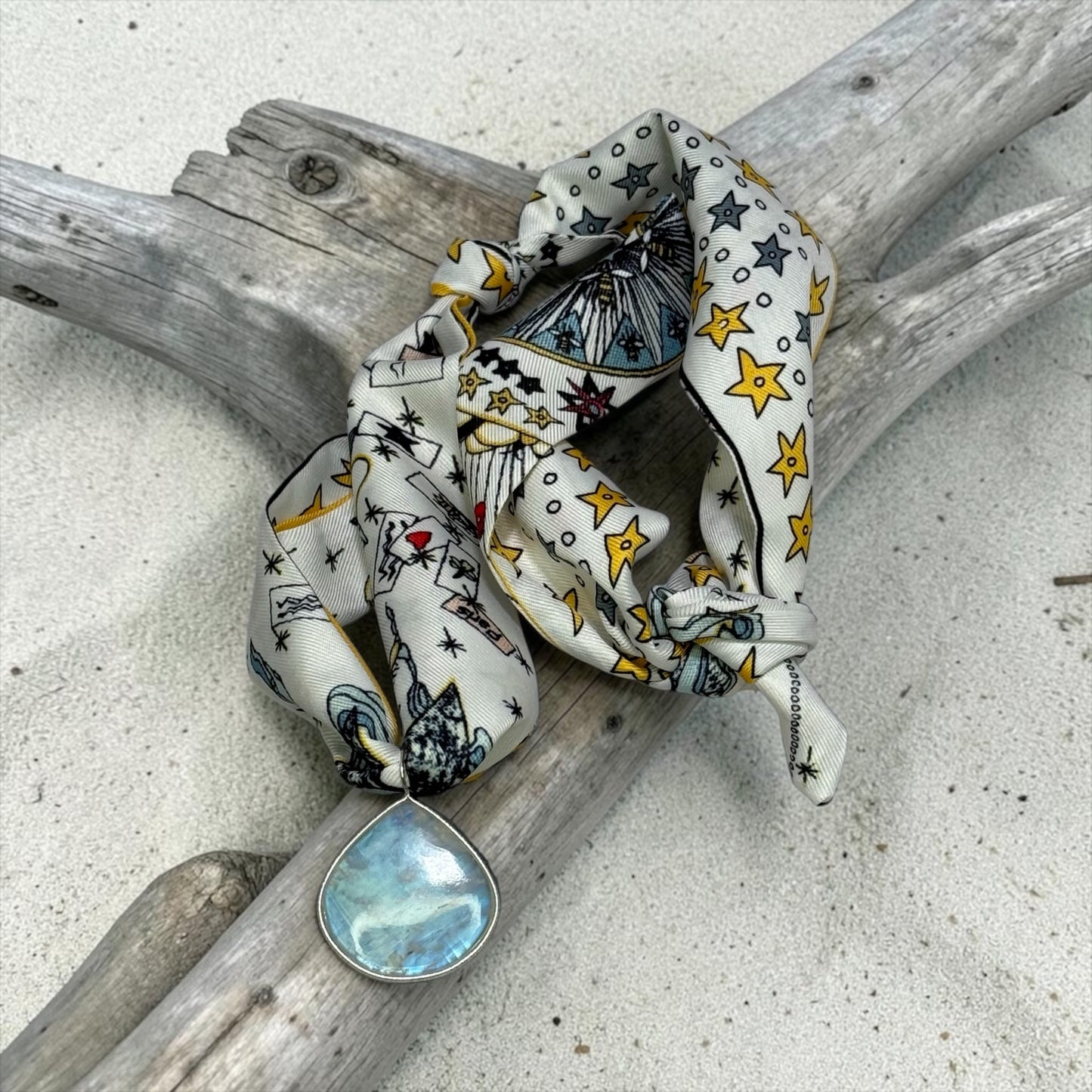 Silk Road - Large, Hand-cut Flashy Rainbow Moonstone Pendant on Adjustable Silk Scarf - Choose From 4 Colors!