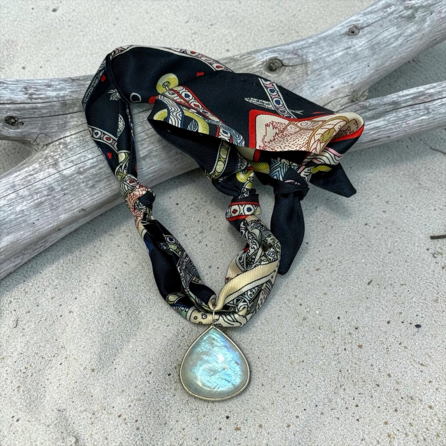 Silk Road - Large, Hand-cut Flashy Rainbow Moonstone Pendant on Adjustable Silk Scarf - Choose From 4 Colors!