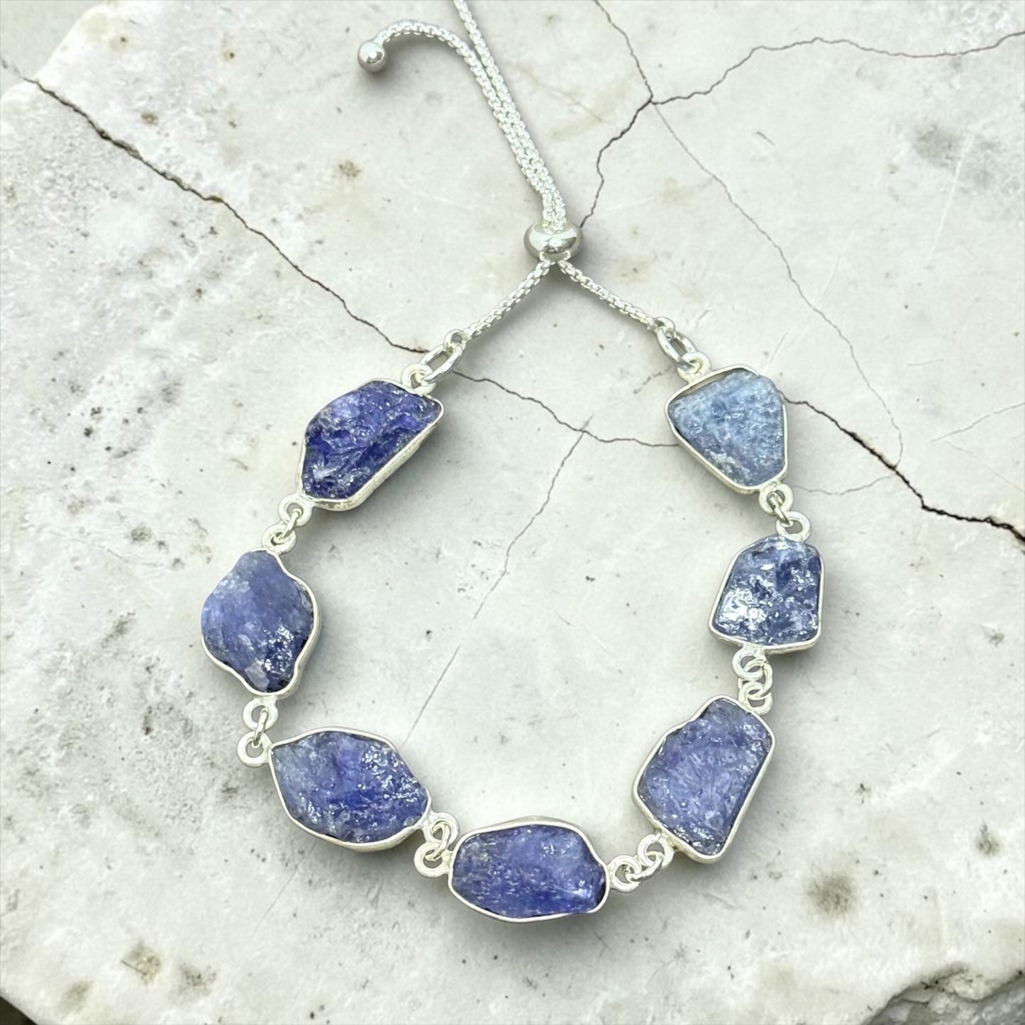Naturally - Raw, Genuine Tanzanite - Adjustable Sterling Silver Bracelet