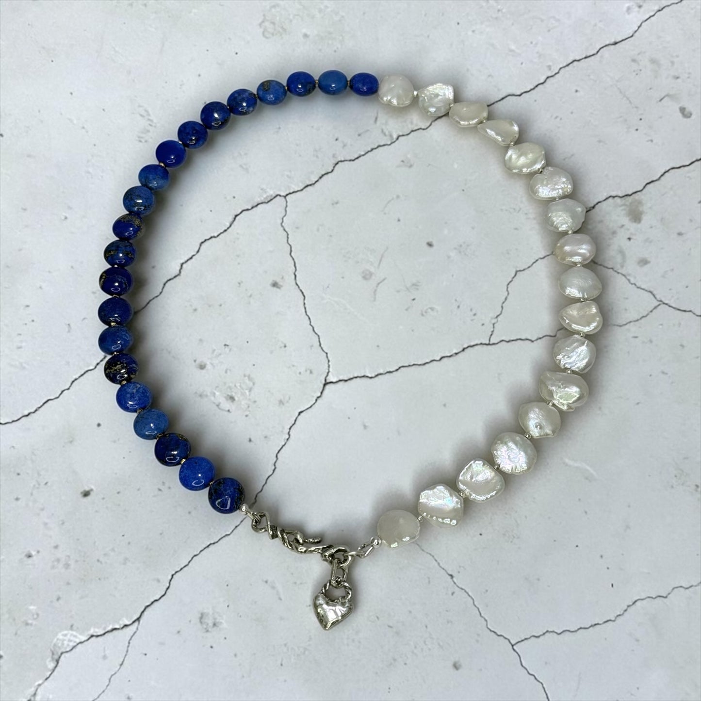 Blueberry Hill - Gorgeous Blue Lapis Lazuli and White Keshi Pearl Necklace with Handmade Sterling Artisan Heart Charm