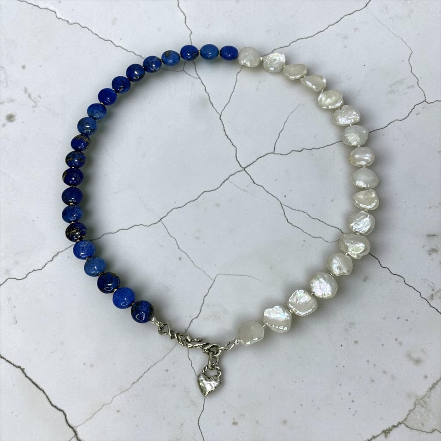 Blueberry Hill - Gorgeous Blue Lapis Lazuli and White Keshi Pearl Necklace with Handmade Sterling Artisan Heart Charm
