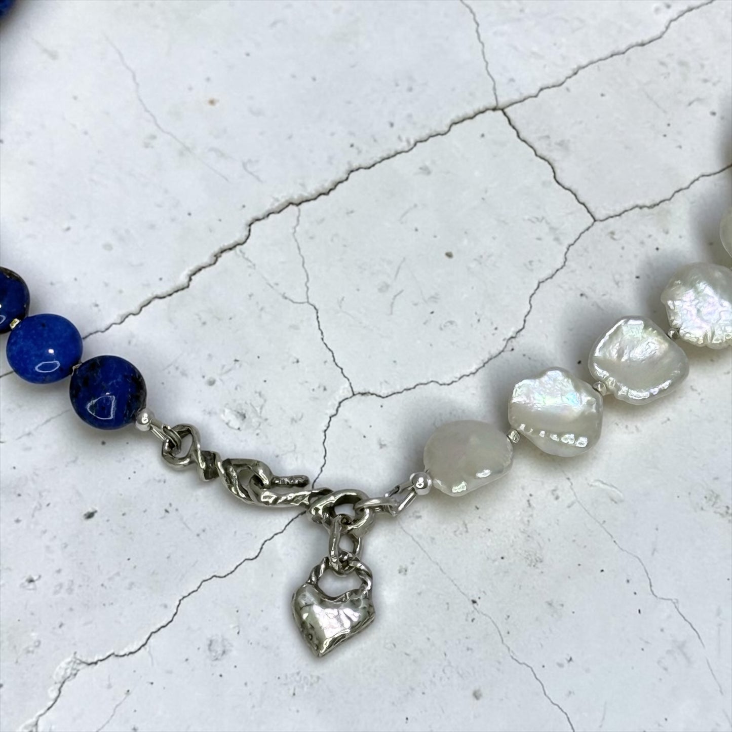 Blueberry Hill - Gorgeous Blue Lapis Lazuli and White Keshi Pearl Necklace with Handmade Sterling Artisan Heart Charm