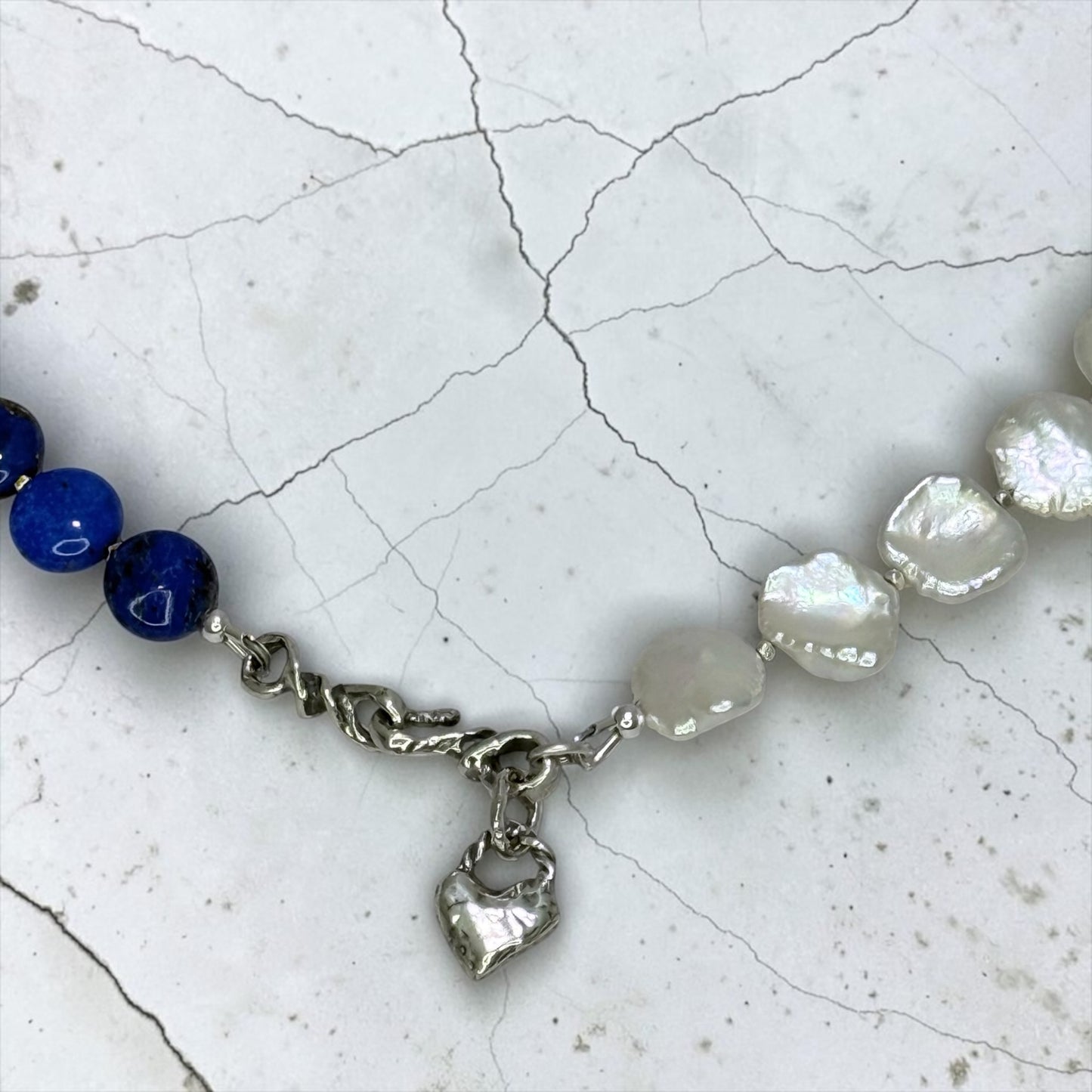 Blueberry Hill - Gorgeous Blue Lapis Lazuli and White Keshi Pearl Necklace with Handmade Sterling Artisan Heart Charm