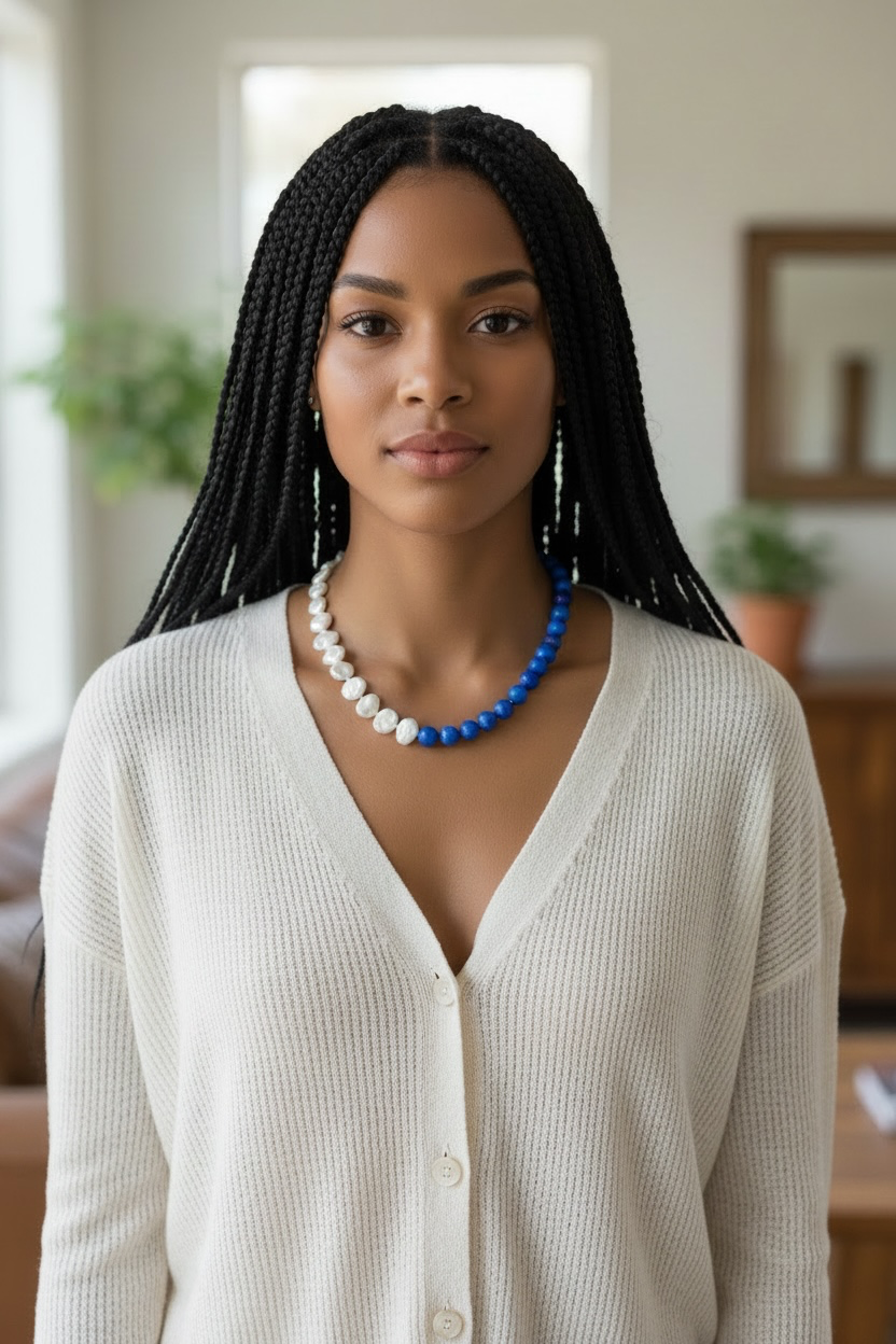 Blueberry Hill - Gorgeous Blue Lapis Lazuli and White Keshi Pearl Necklace with Handmade Sterling Artisan Heart Charm