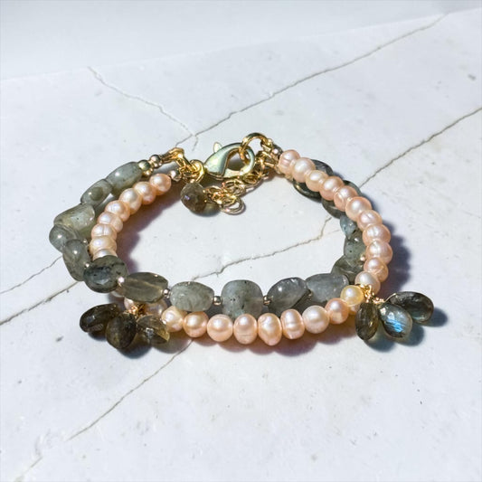 What A Peach - Peach Pearls and Labradorite - 14k Gold Filled Adjustable Bracelet