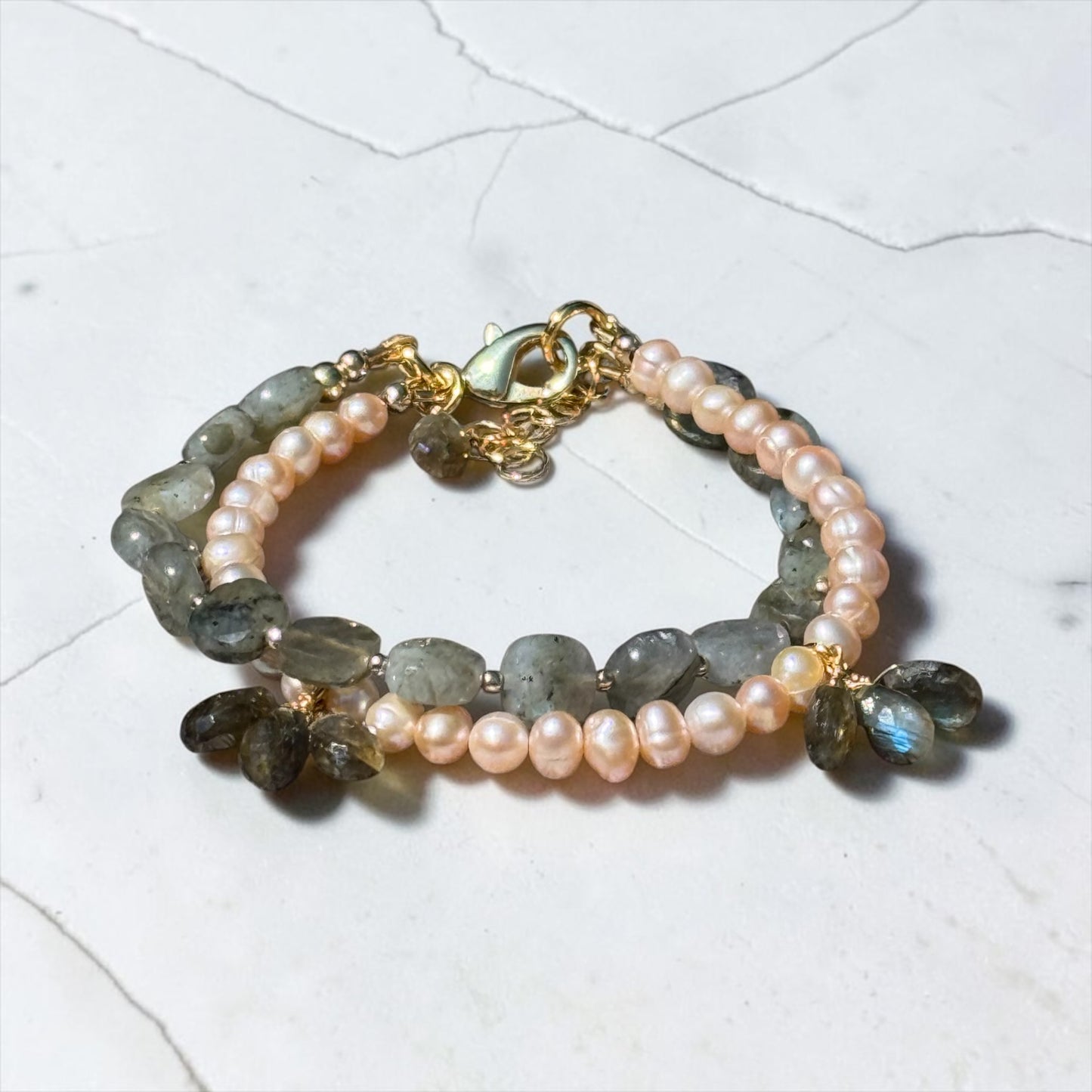 What A Peach - Peach Pearls and Labradorite - 14k Gold Filled Adjustable Bracelet
