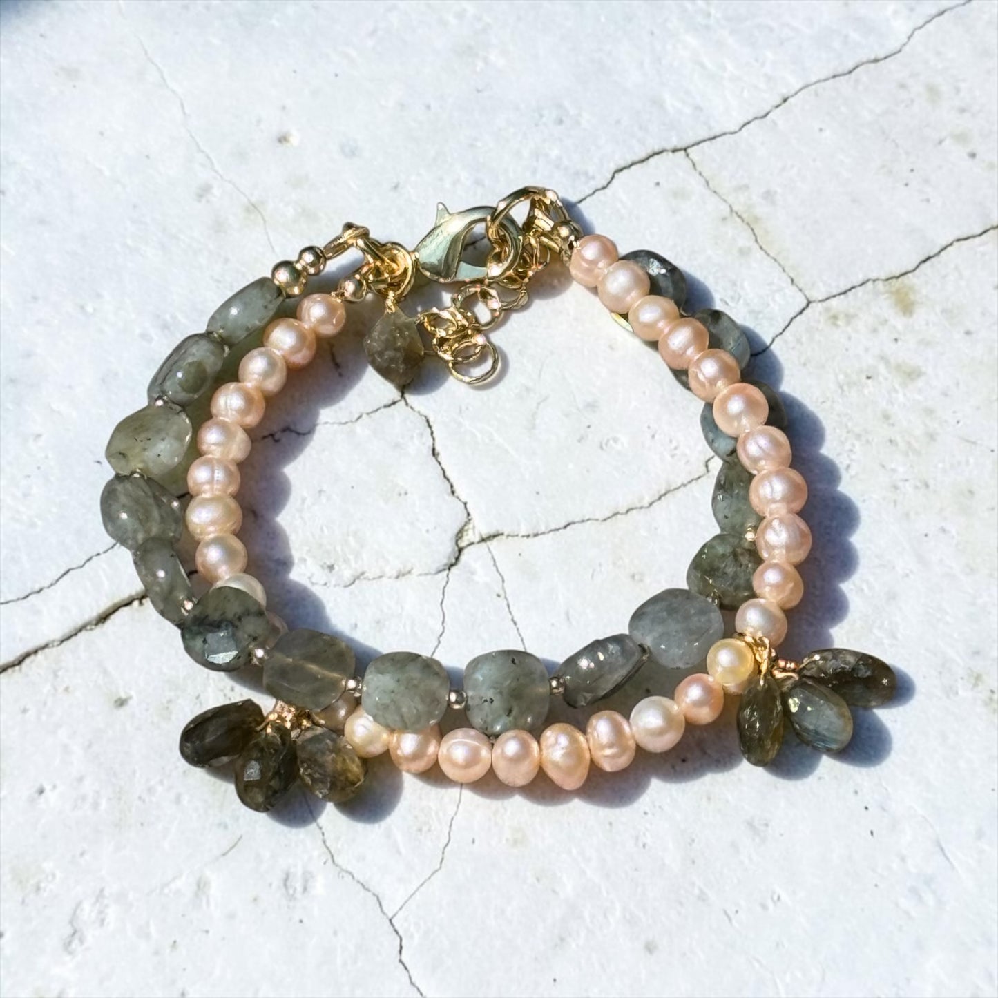 What A Peach - Peach Pearls and Labradorite - 14k Gold Filled Adjustable Bracelet