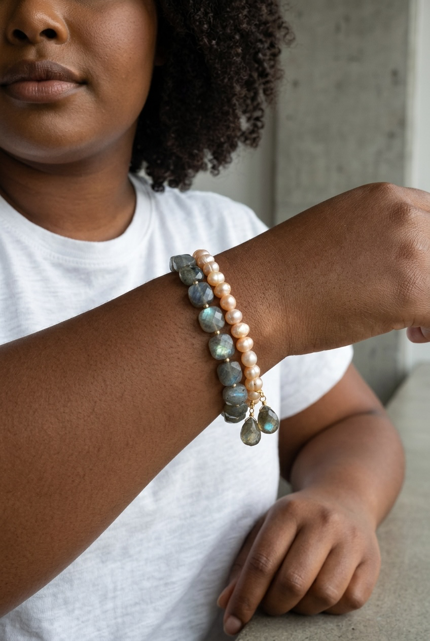 What A Peach - Peach Pearls and Labradorite - 14k Gold Filled Adjustable Bracelet