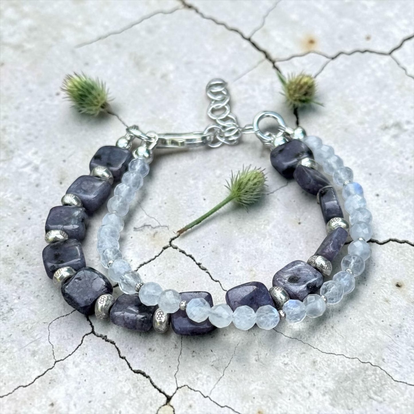 Slow Lane - Lepidolite and Rainbow Moonstone - Double Strand Adjustable Bracelet