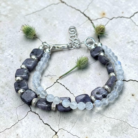 Slow Lane - Lepidolite and Rainbow Moonstone - Double Strand Adjustable Bracelet