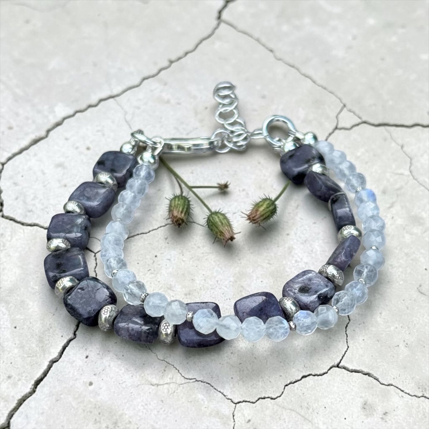 Slow Lane - Lepidolite and Rainbow Moonstone - Double Strand Adjustable Bracelet