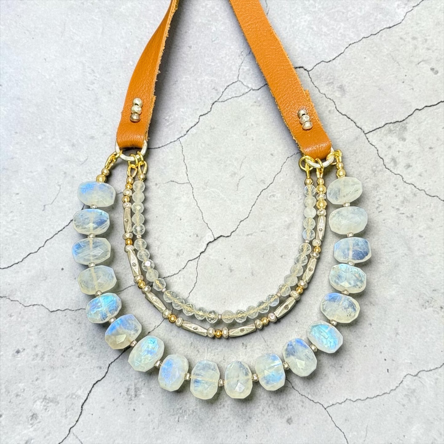 Nimbus - Rainbow Moonstone, Handmade Pure Silver, and 14k Gold Triple Strand Leather Adjustable Necklace