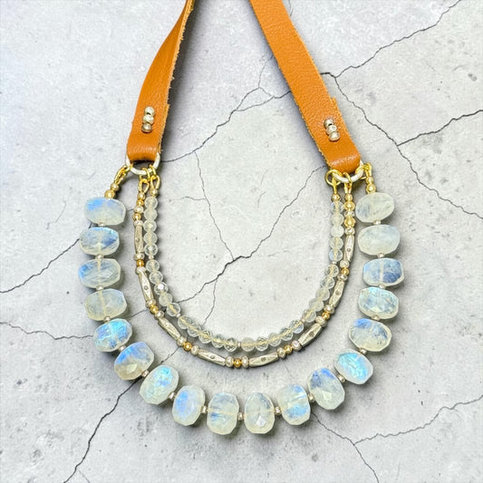 Nimbus - Rainbow Moonstone, Handmade Pure Silver, and 14k Gold Triple Strand Leather Adjustable Necklace