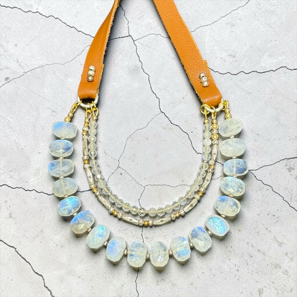Nimbus - Rainbow Moonstone, Handmade Pure Silver, and 14k Gold Triple Strand Leather Adjustable Necklace