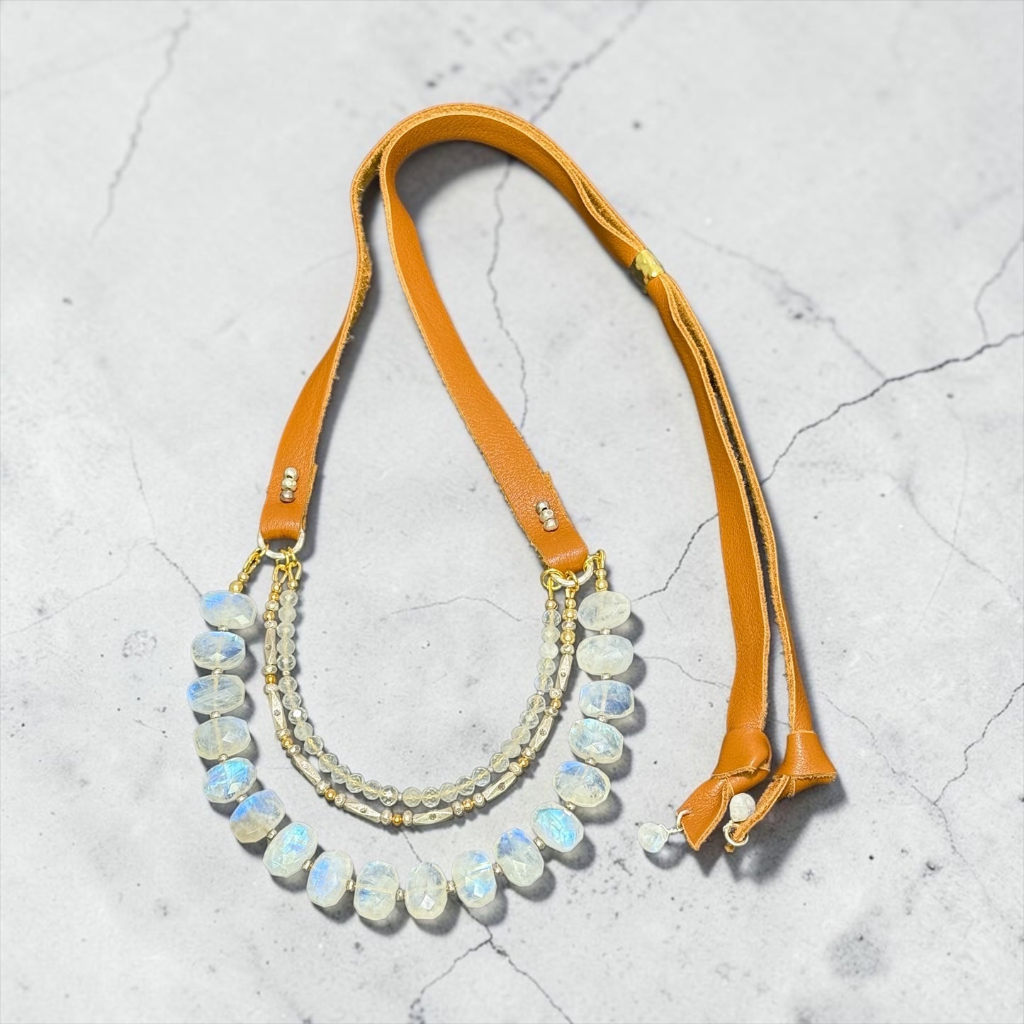 Nimbus - Rainbow Moonstone, Handmade Pure Silver, and 14k Gold Triple Strand Leather Adjustable Necklace