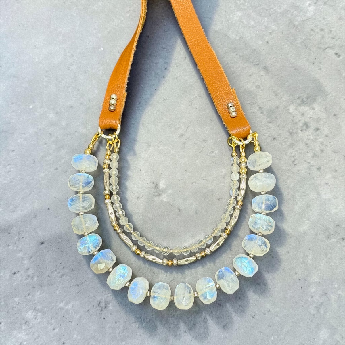 Nimbus - Rainbow Moonstone, Handmade Pure Silver, and 14k Gold Triple Strand Leather Adjustable Necklace