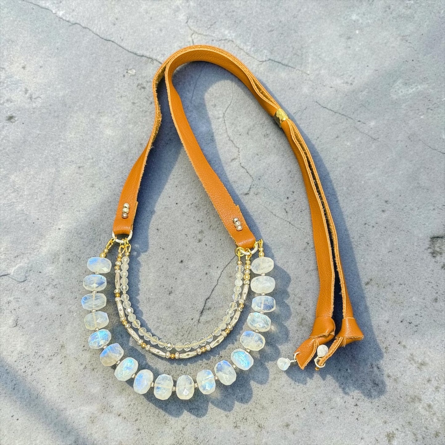 Nimbus - Rainbow Moonstone, Handmade Pure Silver, and 14k Gold Triple Strand Leather Adjustable Necklace