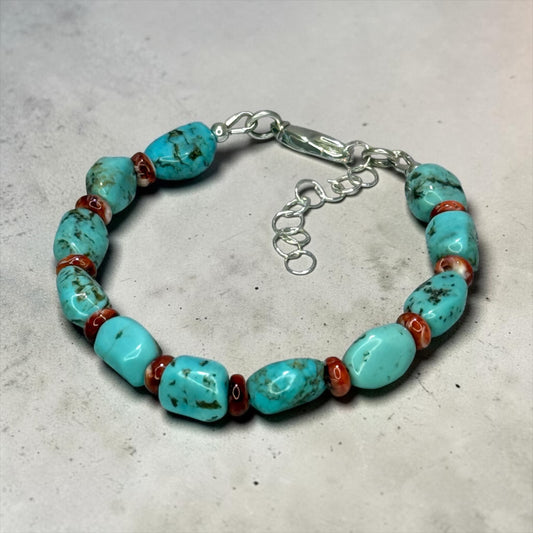 Valle - Old Stock Arizona Turquoise and Spiny Oyster Adjustable Sterling Silver Bracelet